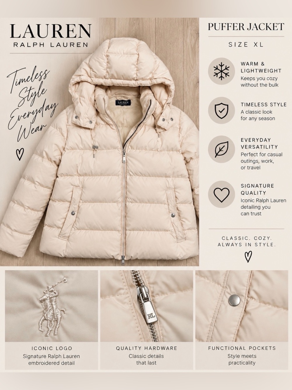 Ralph Lauren Neutral Beige Hooded Puffer Jacket